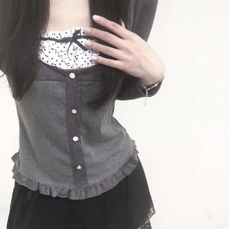 Korean Fashion Spring T-shirts Female Ruffles Patched Slim Bow Cutecore Top Buttons Preppy Style Japanese Y2K Tee New