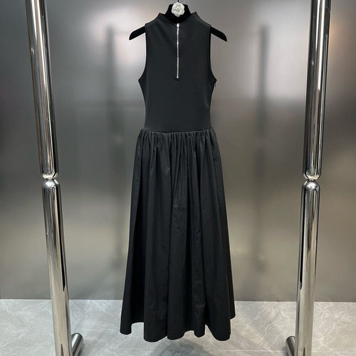 Load image into Gallery viewer, Patchwork Zipper Dresses For Women Stand Collar Sleeveless High Waist Slim Temperament Dress Female Fashion Style
