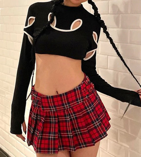 Stylish Stitch Stripe Skinny Crop Tops Long Sleeve Cut Out Autumn Tee Baby Harajuku Y2K Women's T-shirt Sexy Clothing