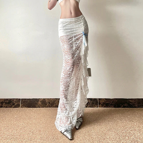 Load image into Gallery viewer, Asymmetrical Fashion White Lace Skirt Women Bow Ruffles See Through Split Korean Style Party Long Skirt Sexy Bottoms
