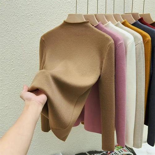 Load image into Gallery viewer, Autumn Winter Women Solid Half High Neck Velvet Sweater Korean Fashion Warm Knitwear Long Sleeve Pullovers Tops Thick Simplicity
