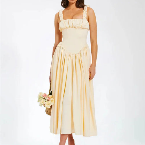 Load image into Gallery viewer, Elegant Satin Backless Midi Dress For Women High Quality Sundress Fashion Square Collar Sleeveless Loose Pleated Dress
