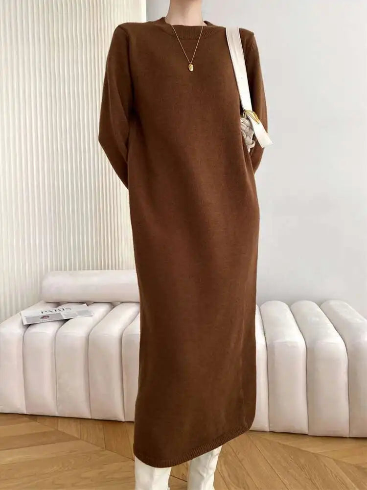 Women Rose Red Casual Midi Elegant Knitting Dress New Round Neck Long Sleeve Fashion Tide Spring Autumn 2025 1DH6450