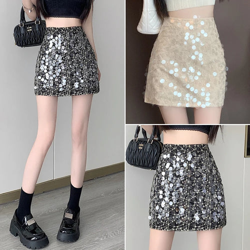 Load image into Gallery viewer, Sexy Sequin Mini Fairy A-line Skirt For Women Aesthetic Designer Black Spicy Girls High Waist Apricot Skirts Streetwear Summer
