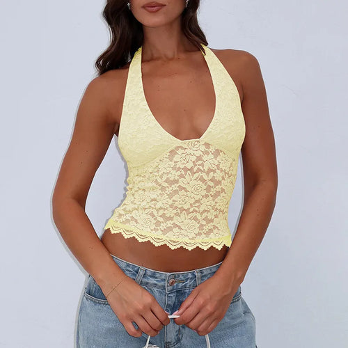 Load image into Gallery viewer, Halter Sleeveless Sexy Crop Tops Women Fashion Deep V Neck Backless Tank Tops Female Elegant Club Skinny Lace Top

