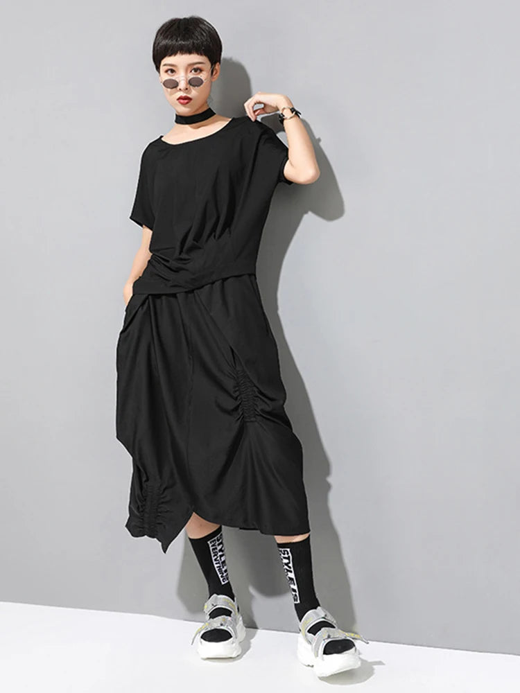 Women Black Irregular Pleated Big Size Casual T-shirt New Round Neck Short Sleeve Fashion Tide Spring Summer 2025 1DJ1755