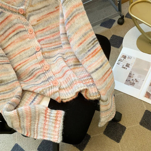 Load image into Gallery viewer, Autumn Winter Beige Stripes Gradient Long Sleeved Short Sweater Women's O-neck Single Breasted Knit Pullover Tops 2024 Thick New
