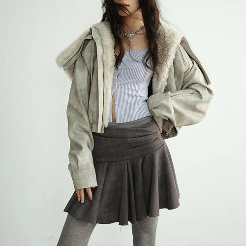 Load image into Gallery viewer, Apricot Thick Big Size Short PU Leather Jacket New Fur Hooded Long Sleeve Women Coat Fashion Autumn Winter 2025 1DH8270
