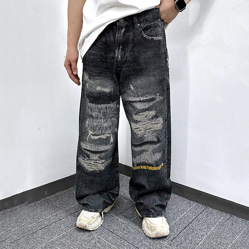 Load image into Gallery viewer, High Street Men's Jeans Trendy Printed Pattern Washed Worn-out Straight Leg Jeans American Style Male Denim Pants 9W1864
