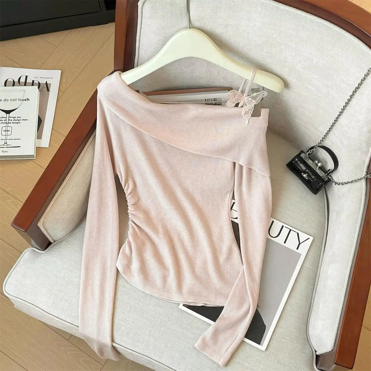 Spring Elegant Blue Pink Long Sleeve Versatile Slim Pullover Tops Fashion Women's Off Shoulder Pleated Knit Sweater Simplicity