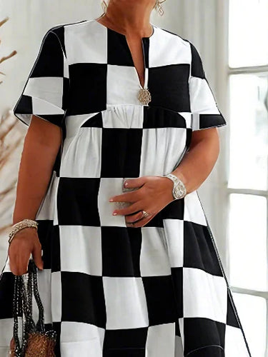 Load image into Gallery viewer, Women Plaid Midi Dresses 2025 Woman Loose Black White Contrast Color Appliques Deep V-Neck Pleated Party Dresses
