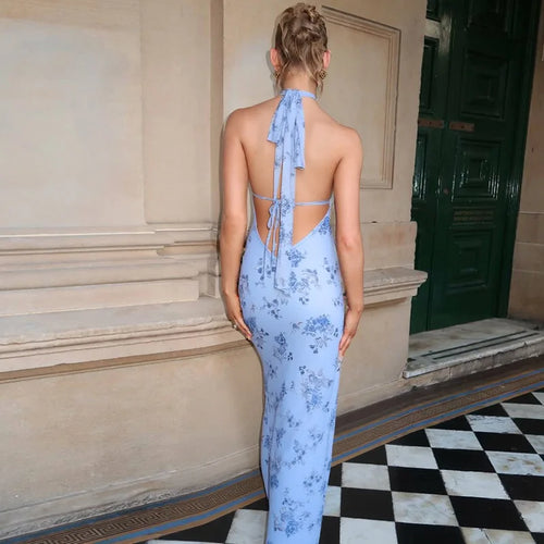 Load image into Gallery viewer, Summer Backless Print Maxi Dress Women Beach Holiday Gown Elegant Halter Deep V Neck Sleeveless Bodycon Long Dress
