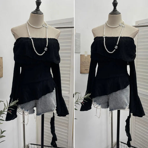 Load image into Gallery viewer, Harajuku Slash Neck Pleated Women Y2k Aesthetic Tops Y2k Aesthetic Irregular Ruffled T-shirt Grunge Sexy Flare Sleeve Fairy Tops
