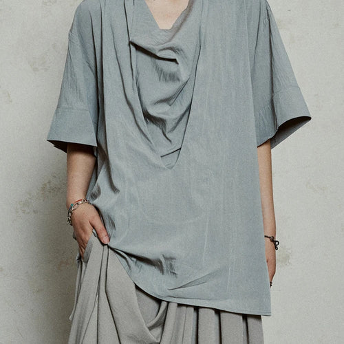 Load image into Gallery viewer, Women Beige Brief Pleated Elegant Big Size Blouse New Pile Collar Short Sleeve Shirt Fashion Spring Summer 2025 1DJ1182
