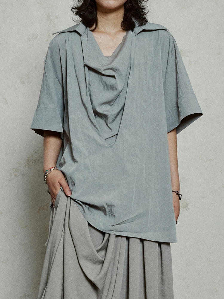 Women Beige Brief Pleated Elegant Big Size Blouse New Pile Collar Short Sleeve Shirt Fashion Spring Summer 2025 1DJ1182