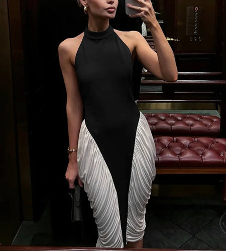 Patchwork Halter Backless Sexy Midi Dress Women Gown Elegant Fashion Contrast Color Sleeveless Pleated Long Dress