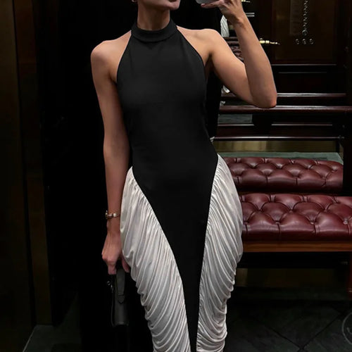 Load image into Gallery viewer, Patchwork Halter Backless Sexy Midi Dress Women Gown Elegant Fashion Contrast Color Sleeveless Pleated Long Dress
