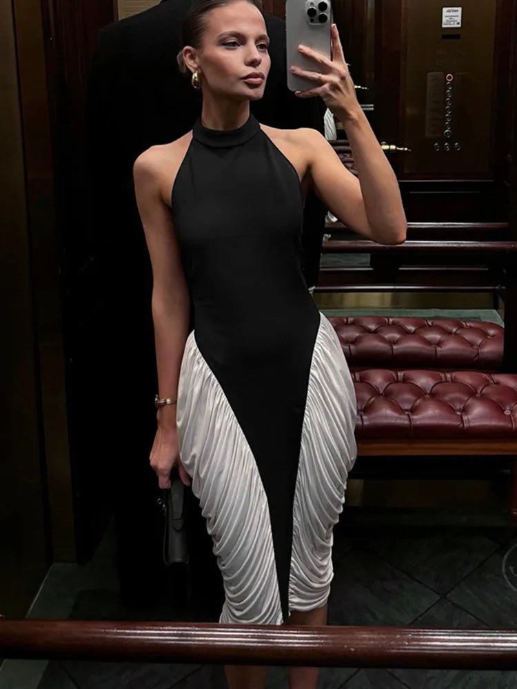 Patchwork Halter Backless Sexy Midi Dress Women Gown Elegant Fashion Contrast Color Sleeveless Pleated Long Dress