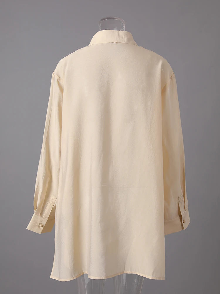 Women Apricot Thin Perspective Casual Big Size Blouse New Lapel Long Sleeve Shirt Fashion Tide Spring Autumn 2025 CPG3314