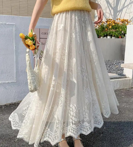 Spring Summer French Vintage Black Beige Lace Slim Long Skirt Women Brown Grey High Waist Elegant Party Pleated Skirt Streetwear