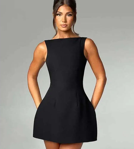 Elegant Backless Mini Tank Dress For Women Fashion Black O Neck Sleeveless Club Party A-line Basics Sexy Dress New
