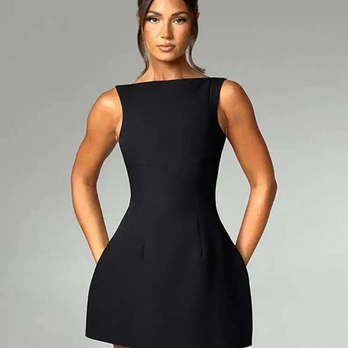 Load image into Gallery viewer, Elegant Backless Mini Tank Dress For Women Fashion Black O Neck Sleeveless Club Party A-line Basics Sexy Dress New
