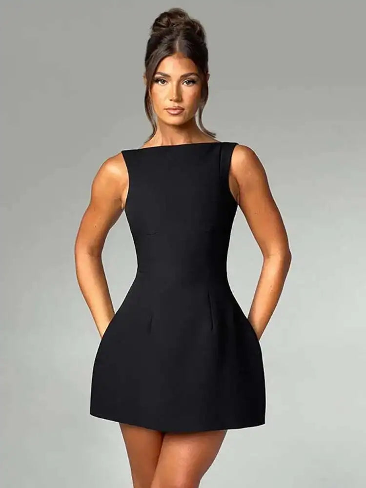 Elegant Backless Mini Tank Dress For Women Fashion Black O Neck Sleeveless Club Party A-line Basics Sexy Dress New