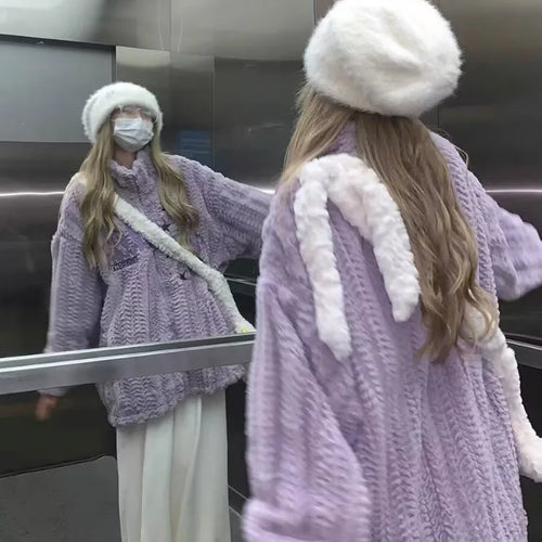 Load image into Gallery viewer, Japanese Embroidery Star Fluffy Women Coats Fashion Sweet Y2k Aesthetic Oversized Jackets Grunge Casual Loose Zipper Purple Coat
