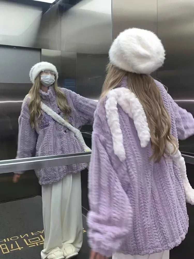 Japanese Embroidery Star Fluffy Women Coats Fashion Sweet Y2k Aesthetic Oversized Jackets Grunge Casual Loose Zipper Purple Coat