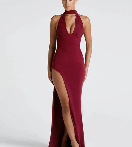 Scarf Collar Backless Sexy Maxi Dress Women Gown Fashion Halter Deep V Neck Thigh High Split Bodycon Long Dress