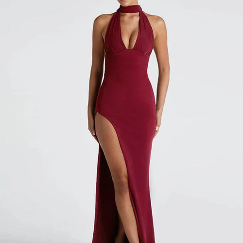 Load image into Gallery viewer, Scarf Collar Backless Sexy Maxi Dress Women Gown Fashion Halter Deep V Neck Thigh High Split Bodycon Long Dress
