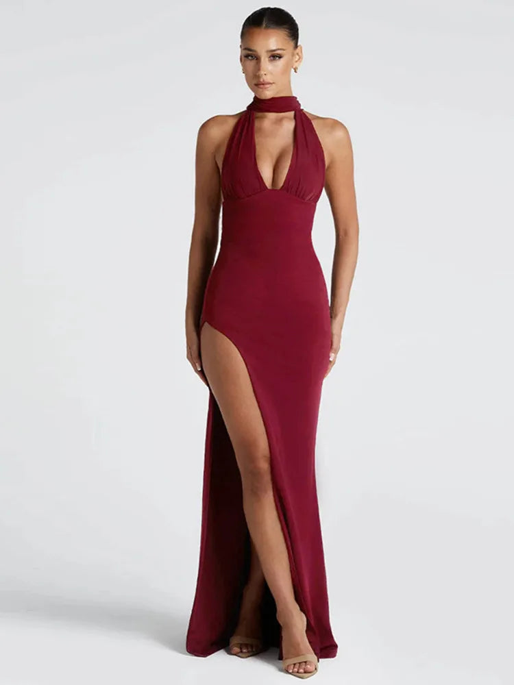 Scarf Collar Backless Sexy Maxi Dress Women Gown Fashion Halter Deep V Neck Thigh High Split Bodycon Long Dress