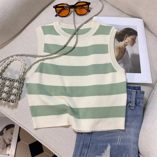 Load image into Gallery viewer, Vintage Chic Round-neck Striped Patchwork Knitted Sleeveless Women&#39;s Vest Korean Fashion Summer 2024 Female Clothing Tank Tops
