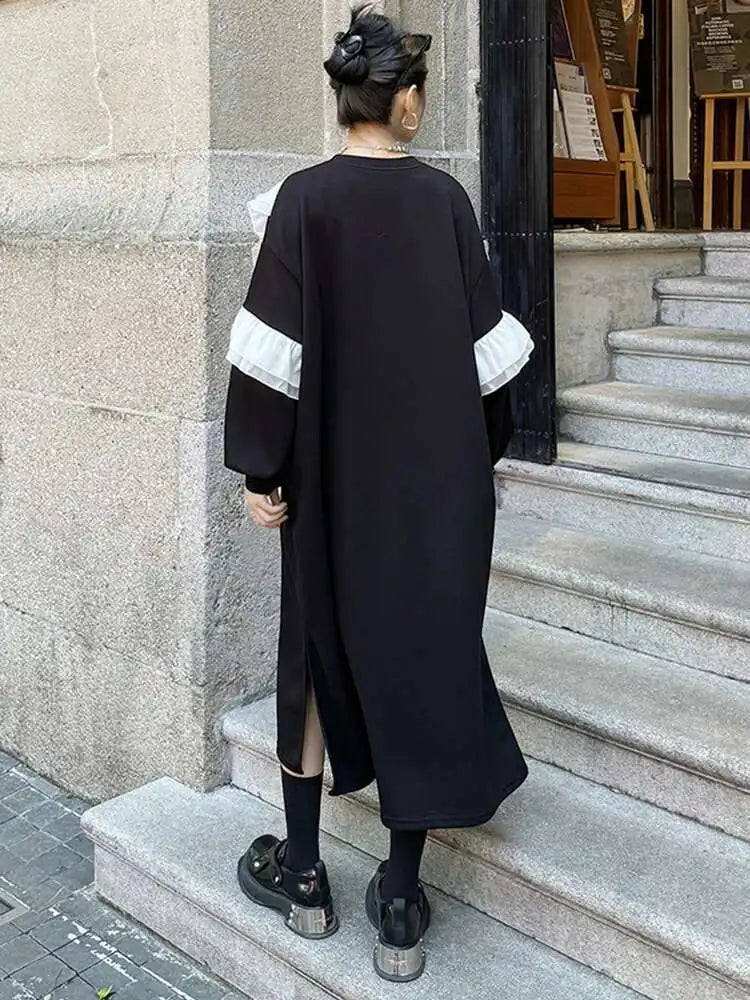 Women Black Ruffles Spliced Big Size Long Casual Dress New Round Neck Long Sleeve Fashion Tide Spring Autumn 2025 1DH7701