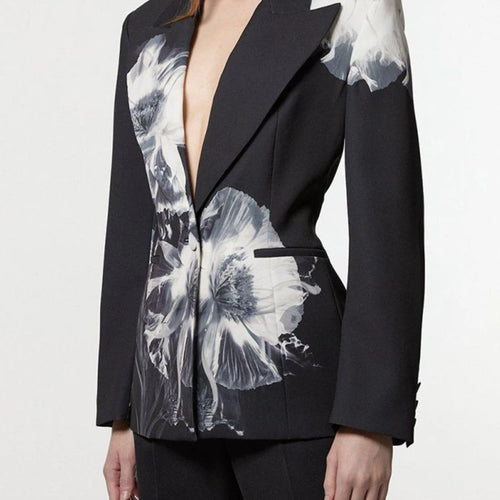 Load image into Gallery viewer, Slimming Printing Two Piece Sets for Women Lapel Long Sleeves Spliced Button Balzer High Waist Pant Set Female New
