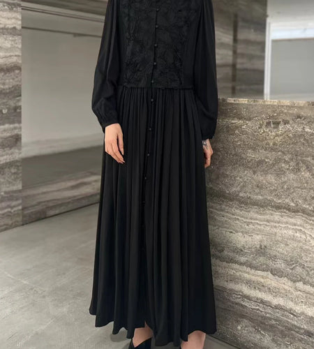 Solid Spliced Button Loose Casual Dresses For Women O Neck Long Sleeve High Waist Temperament Dress Female Fashion