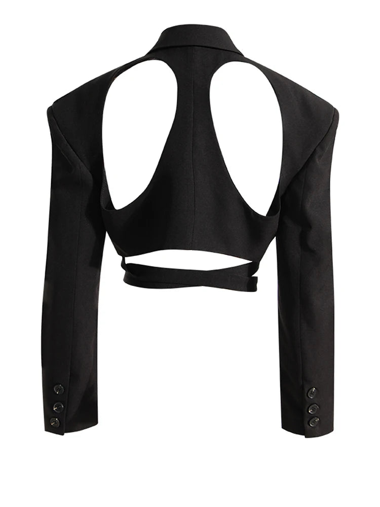 Women Black Hollow Out Bandage Short Blazer New Lapel Long Sleeve Loose Fit Jacket Fashion Tide Spring Autumn 2025 17A7374