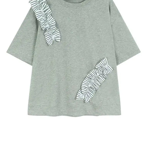 Load image into Gallery viewer, Women White Ruffles Color-block Big Size T-shirt New Round Neck Short Sleeve Fashion Tide Spring Summer 2025 1DJ0182
