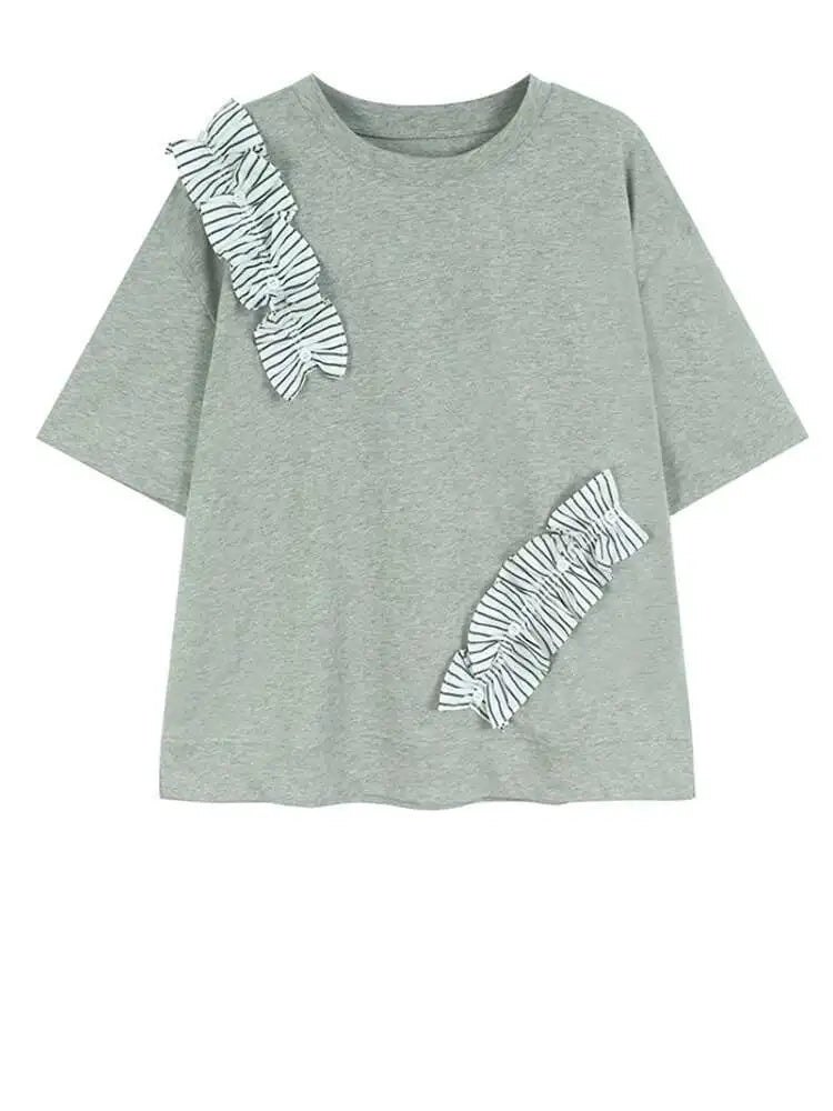 Women White Ruffles Color-block Big Size T-shirt New Round Neck Short Sleeve Fashion Tide Spring Summer 2025 1DJ0182