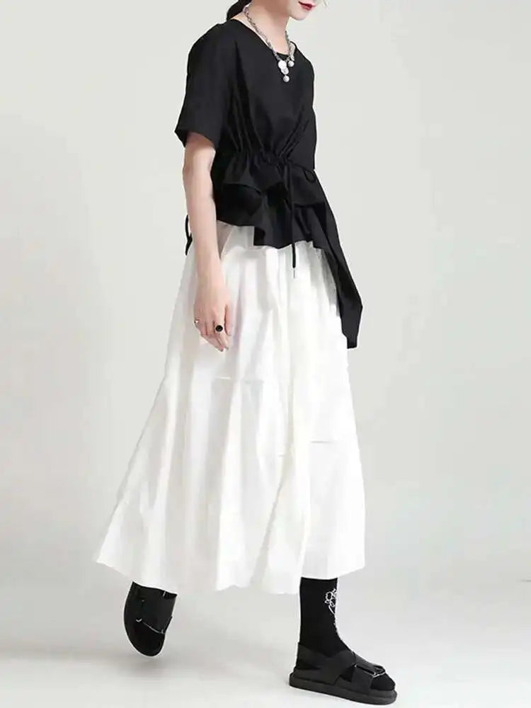 Black Casual Irregular Ruched High Elastic Waist Midi Half-body Skirt Women Fashion Tide New Spring Summer 2025 1DD8525