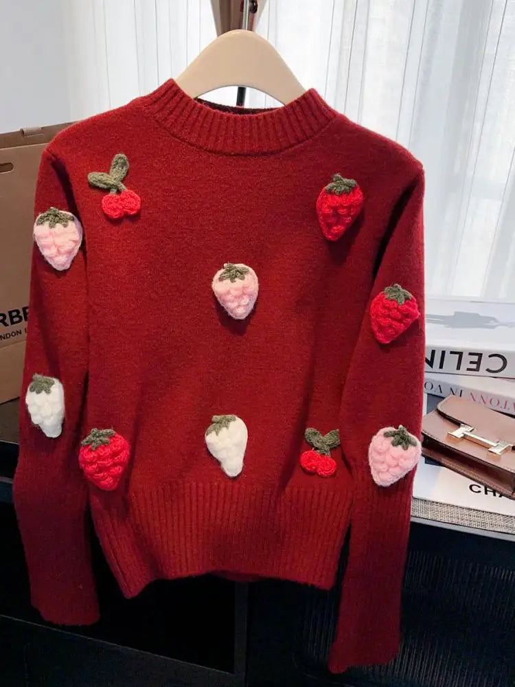 French Vintage Women Sweet Strawberry Embroidered Elegant Long Sleeve Knit Sweater 2024 New Autumn Winter Round Neck Tops Trendy