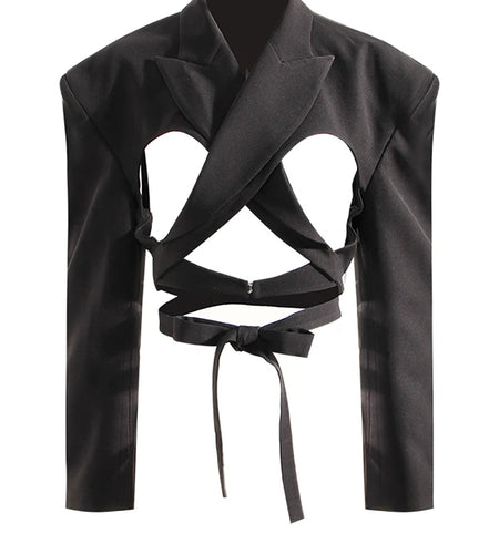 Women Black Hollow Out Bandage Short Blazer New Lapel Long Sleeve Loose Fit Jacket Fashion Tide Spring Autumn 2025 17A7374