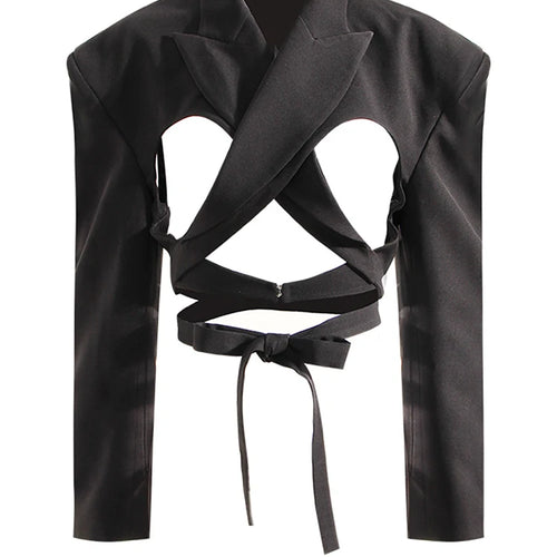 Load image into Gallery viewer, Women Black Hollow Out Bandage Short Blazer New Lapel Long Sleeve Loose Fit Jacket Fashion Tide Spring Autumn 2025 17A7374
