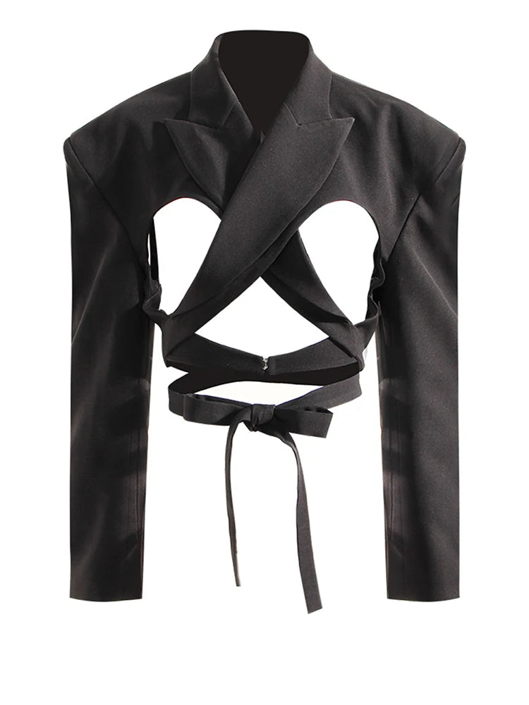 Women Black Hollow Out Bandage Short Blazer New Lapel Long Sleeve Loose Fit Jacket Fashion Tide Spring Autumn 2025 17A7374