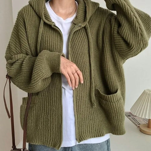 Load image into Gallery viewer, Double Zipper Women Y2k Knitwear Autumn Ladies Streetwear Jacket Sweater Coat Grunge Vintage Loose Solid Hooded Cardigans Damski
