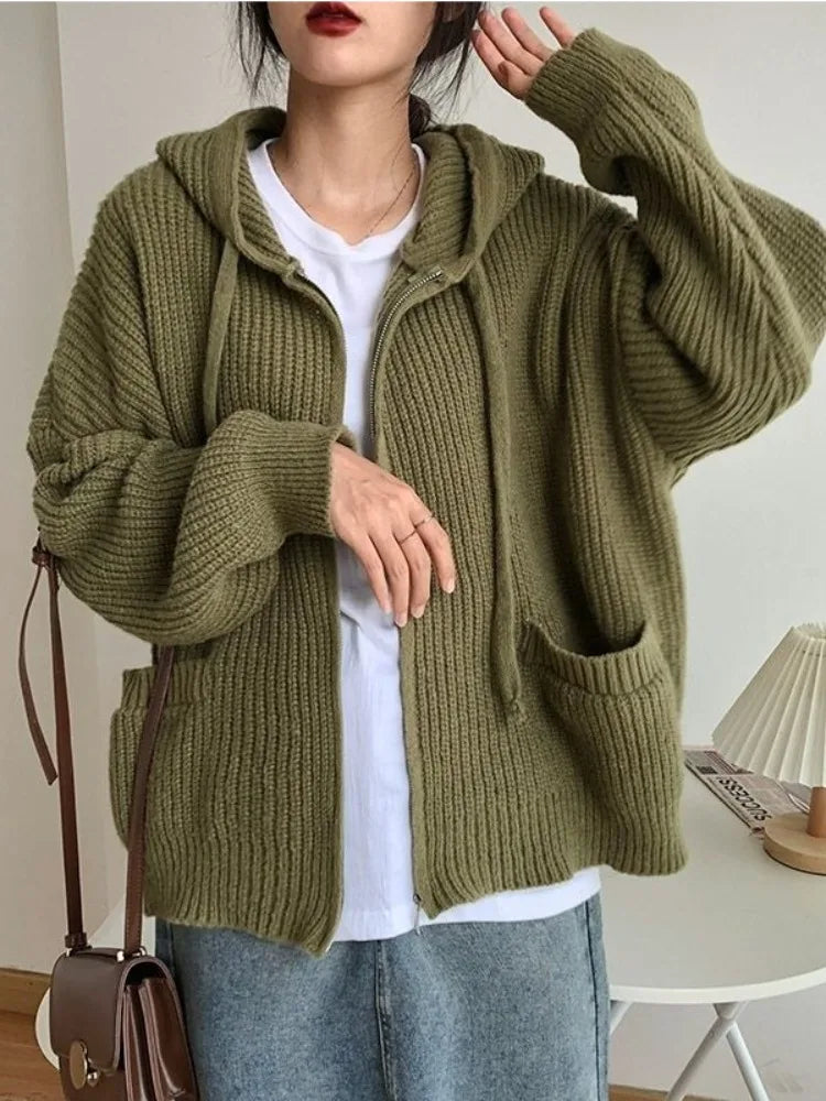 Double Zipper Women Y2k Knitwear Autumn Ladies Streetwear Jacket Sweater Coat Grunge Vintage Loose Solid Hooded Cardigans Damski