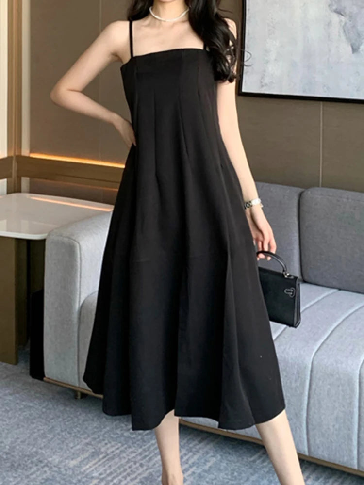 Korean Style Black Ruffles Strapless Dress Slim Waist Split Solid Color Sleeveless Female Dresses Elegant Evening Dresses