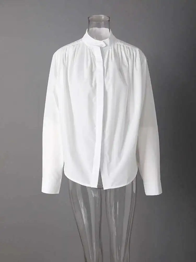 Women White Pleated Elegant Big Size Blouse New Stand Collar Long Sleeve Shirt Fashion Tide Spring Autumn 2025 CPG2608