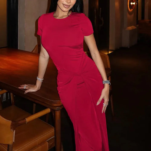 Load image into Gallery viewer, Short Sleeve Ruched Sexy Maxi Dress For Women Fashion Summer New Solid High Waist Slim Fit Elegant Long Dress Vestido
