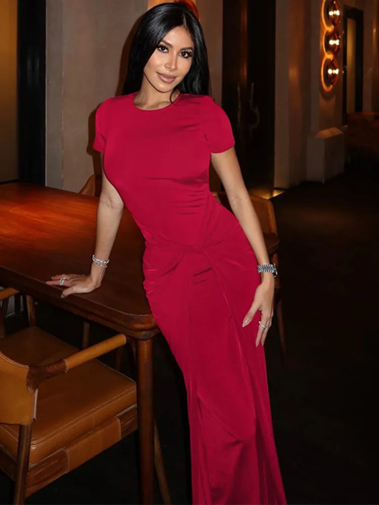 Short Sleeve Ruched Sexy Maxi Dress For Women Fashion Summer New Solid High Waist Slim Fit Elegant Long Dress Vestido